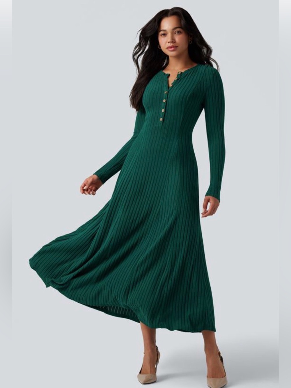 HALARA Ribbed Knit Henley Neck Long Sleeve Flowy Maxi Casual Dress